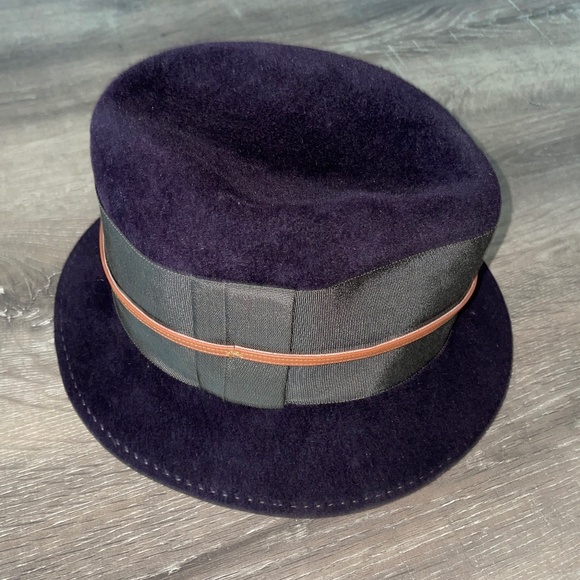 LOLA HATS Deep Purple Wool Fedora Hat Army Green Band Tan Leather Band Size S - Picture 2 of 8